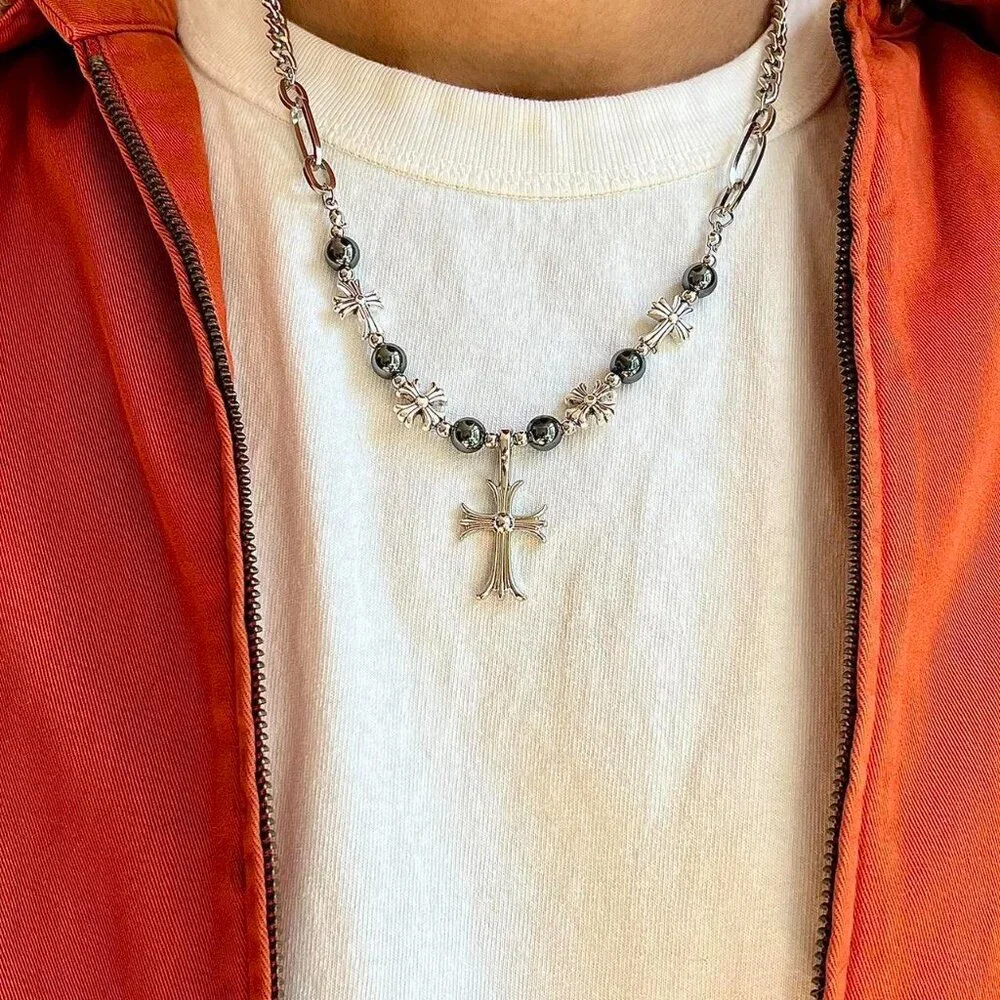 y2k grunge pearl silver cross pendant necklace